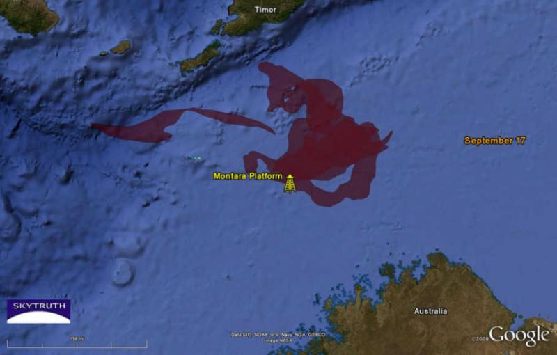Gambar satelit tumpatan minyak dari ladang minyak Montara pada 21 Agustus 2009 silam yang telah membawa dampak kemanusiaan bagi rakyat Nusa Tenggara Timur.
